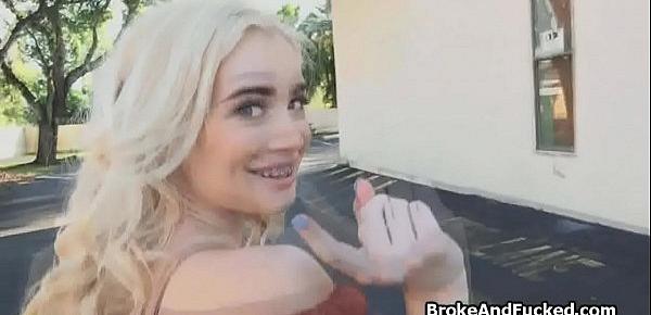  Broke braceface cutie blows stranger outdoors